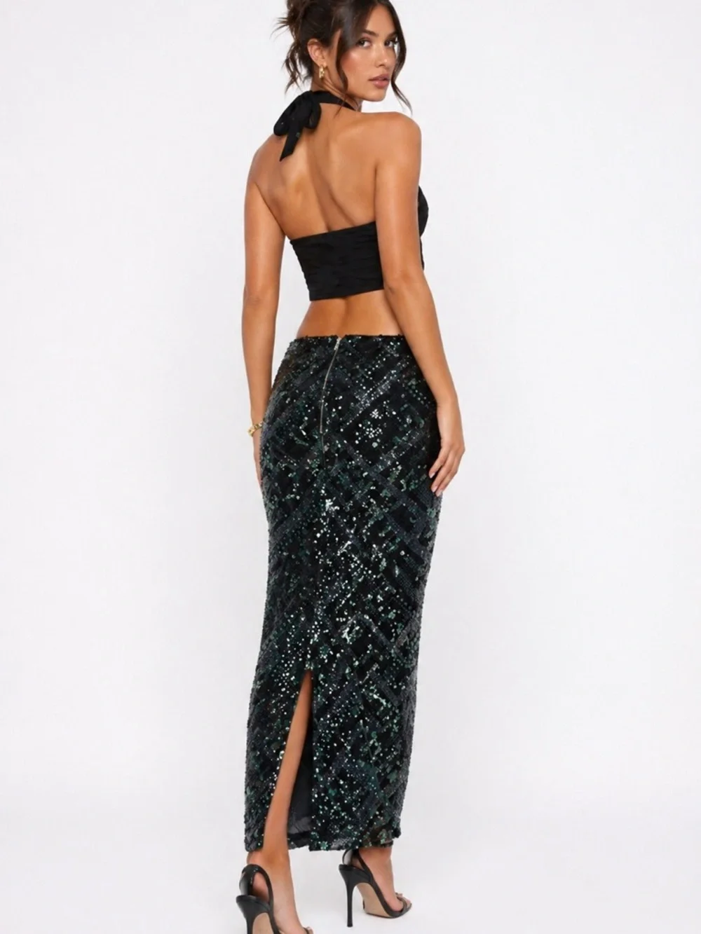AKIRA Green Sequin Midi Skirt Size Small | High Slit Glam Skirt NWT - Picture 2 of 3